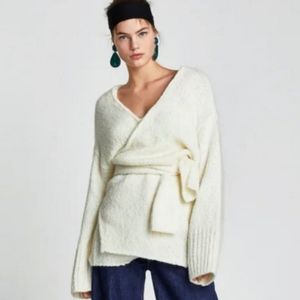 ZARA chunky cream wrap sweater cardigan Sz M